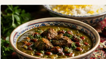 A bowl of Ghormeh Sabzi Persian herb stew
