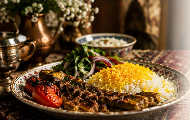 Persian saffron rice and grilled kebab served on a traditional plate
